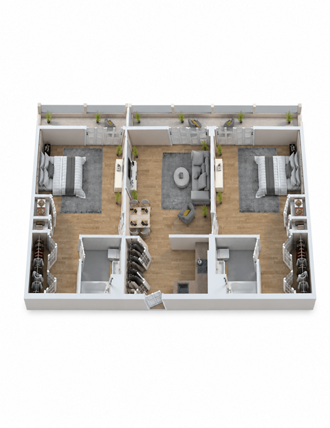 Floor plan for 2 beds, 2 baths, 1075 sqft
